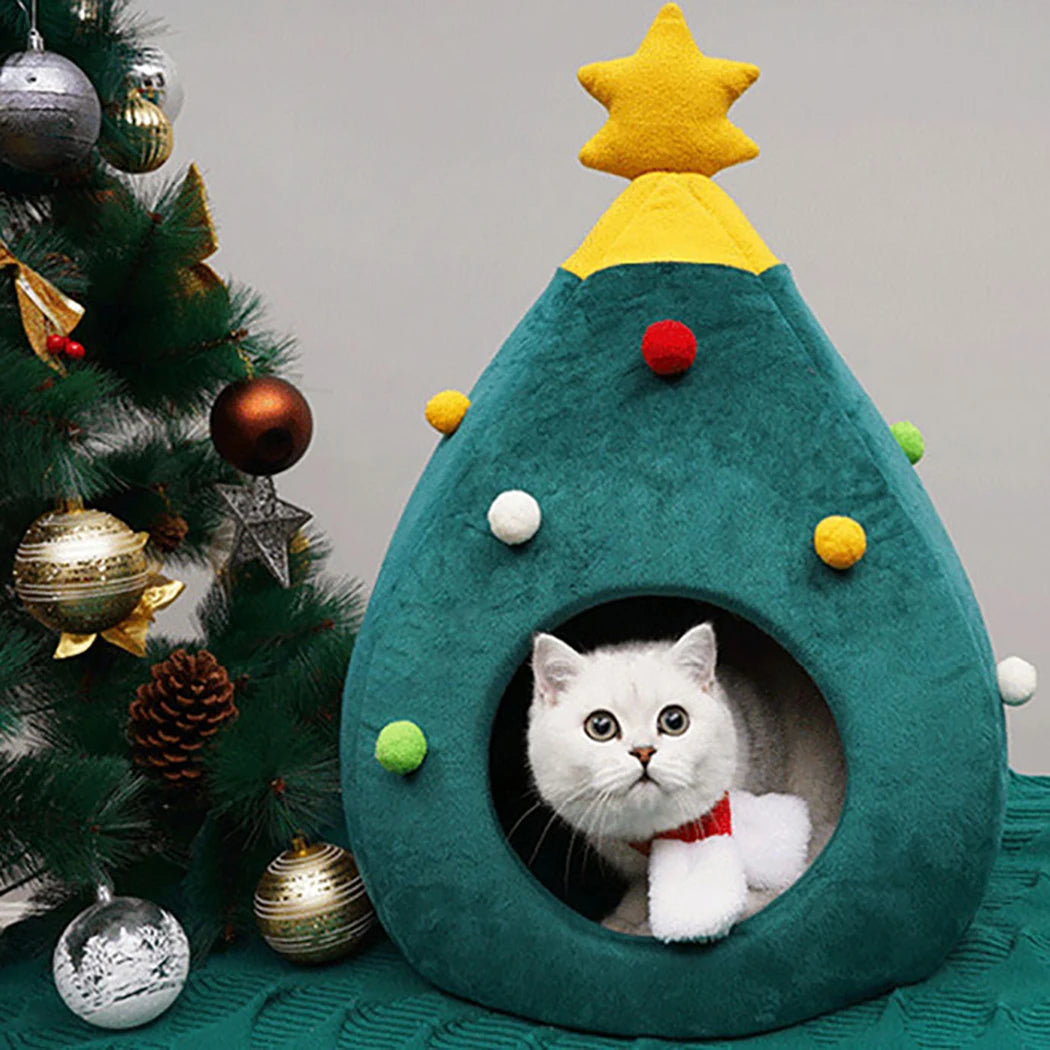 Christmas Tree Cute Cat House with Cat Watching Outside
