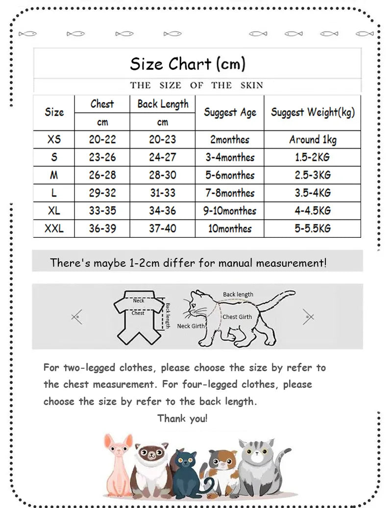 dimension chart of Cat Hoodies