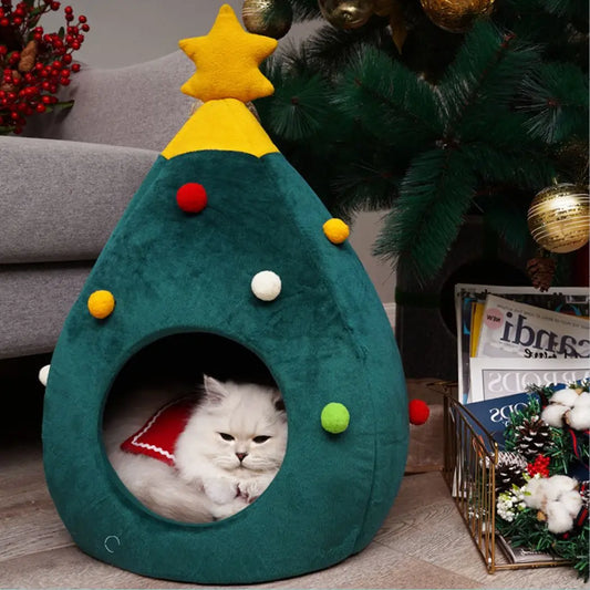 Christmas Tree Cute Cat House Front Image with Cat Resting