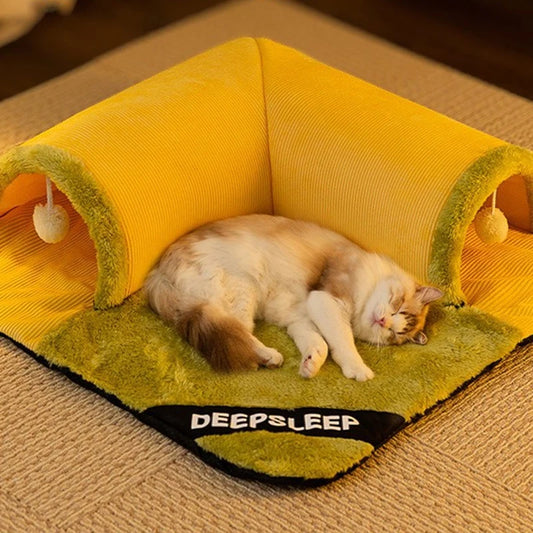 Cat Bed with Detachable Cat Tunnel with Cat Sleeping on Mat