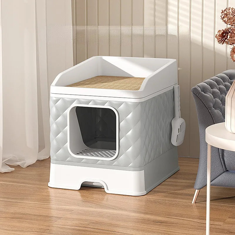 Grey Color Large Size Cat Litter Box with Scratcher Bed