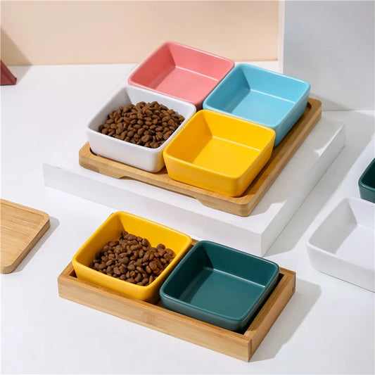 Four Colors Ceramic Square Pet Bowls Top Image