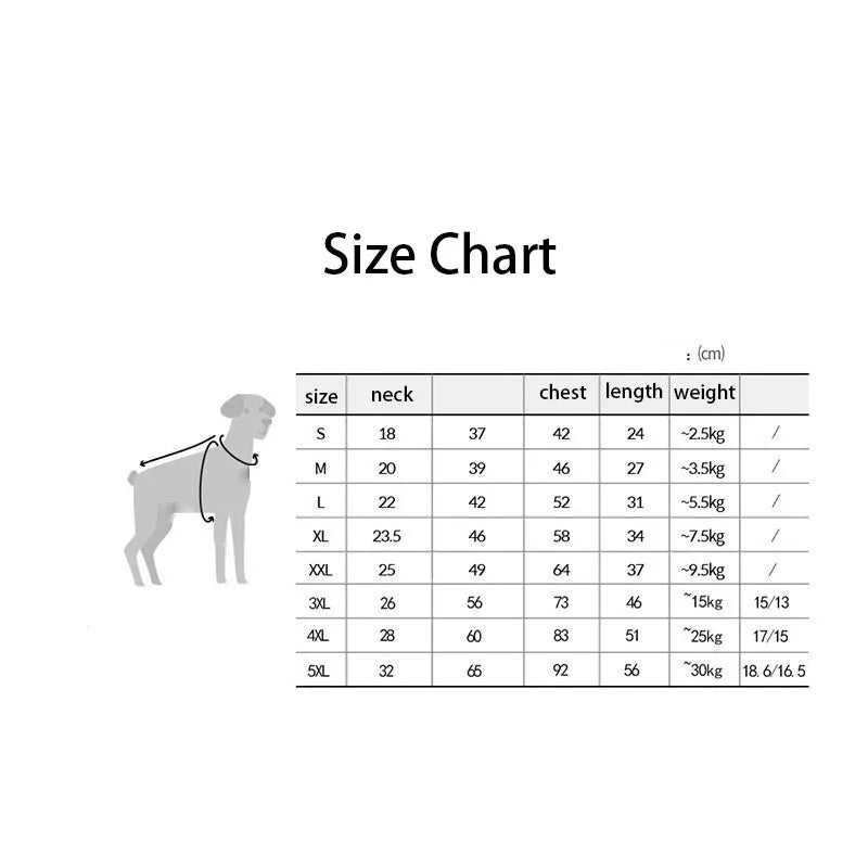 Patterned Waterproof Dog Raincoat dimension chart