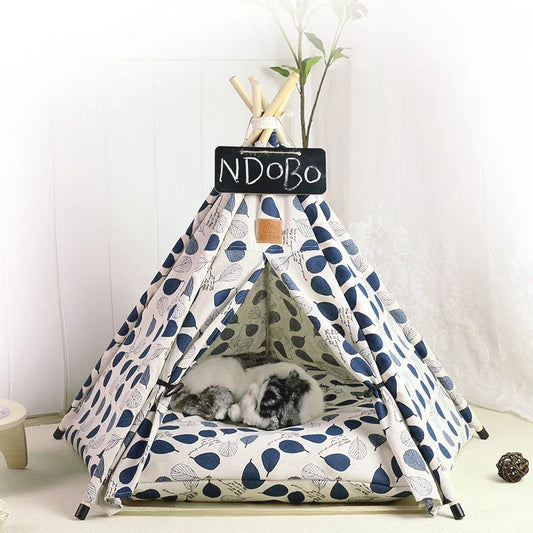 Blue Leaf Patterned Canvas Fabric Pet Tent with Name Badge Front Image