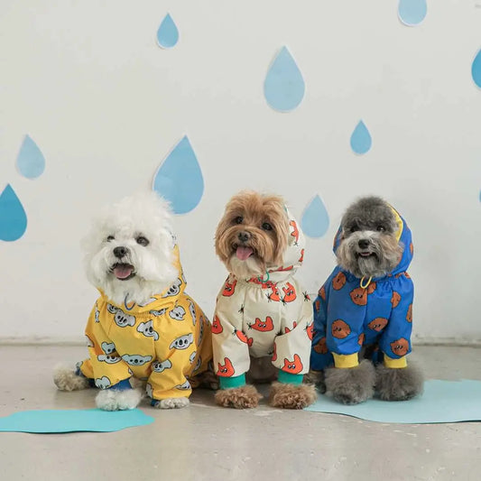 Front image of three dogs wearing Patterned Waterproof Dog Raincoats