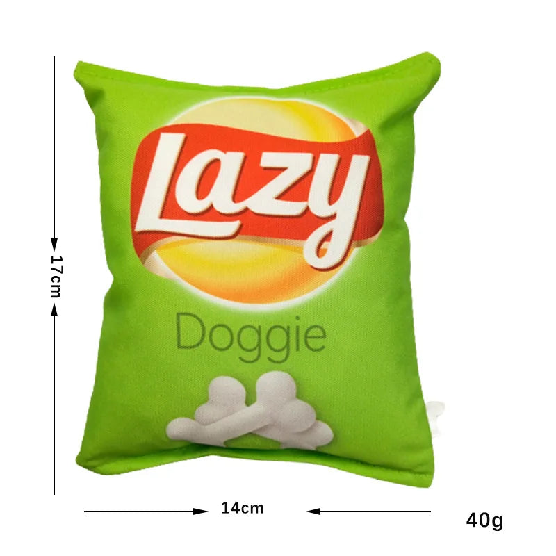 Lazy Funny Crisps Squeaky Dog Toy with Dimensions