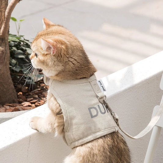 Image Showing Cat Wearing the Khaki Color Reflective Cat Vest with Leash 