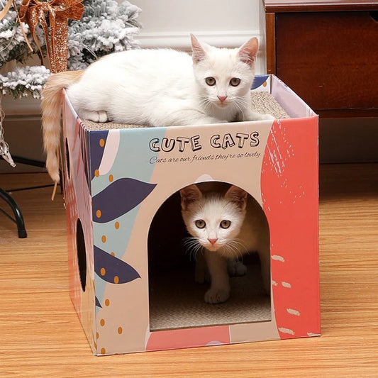 Corrugated Paper Box with Cat Scratching Pad with Cats Resting in the Box
