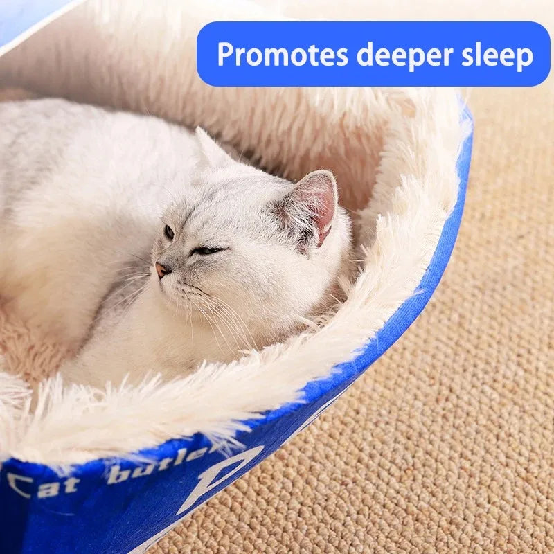 close up top image of blue color Snack Box Enclosed Cat House with cat inside