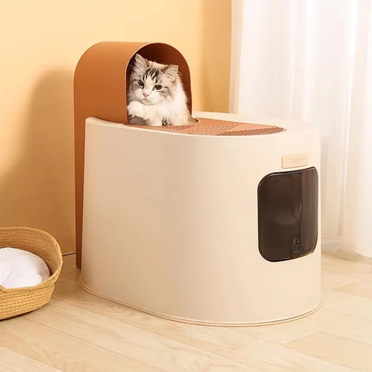 Brown Color Dual-Entrance Odor Control Cat Litter Box with Cat Exiting the Box
