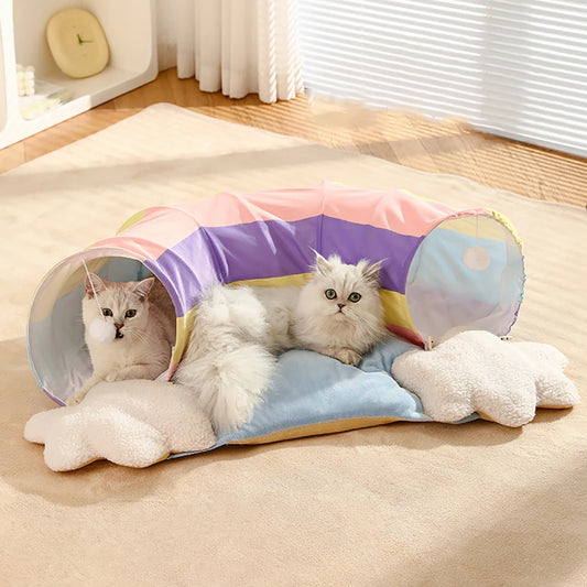 Rainbow Cat Tunnel with Sleeping Cushion With Two Cats Playing