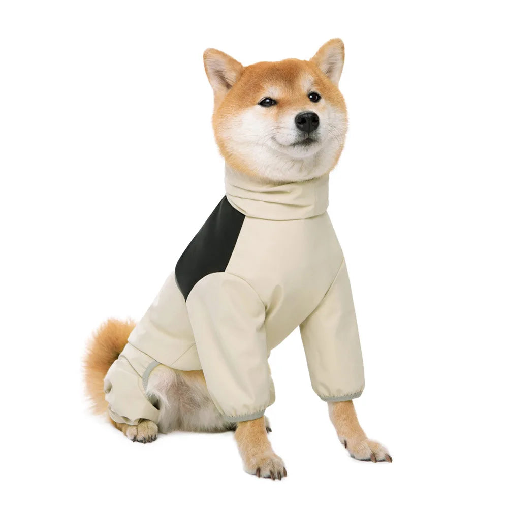 beige color Large Dog Raincoat image showing dog wearing the coat