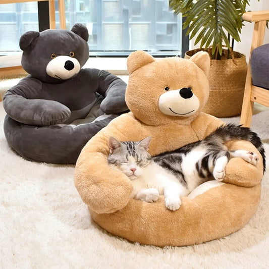 Two Bear Cuddling Pet Beds Front Image with Cat Sleeping 