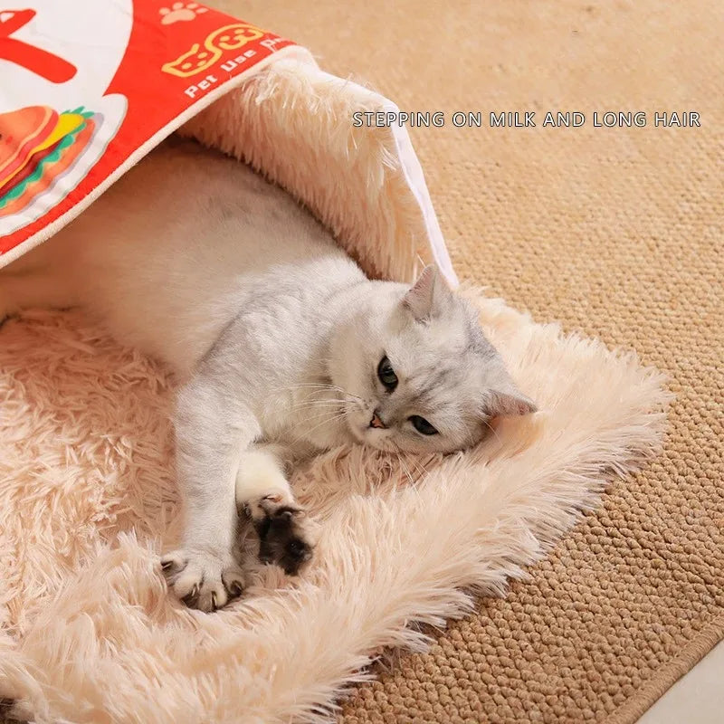 close up top image of red color Snack Box Enclosed Cat House with cat sleeping
