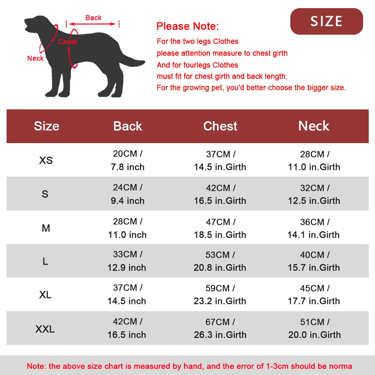 Winter Hooded Dog Jumper dimension chart