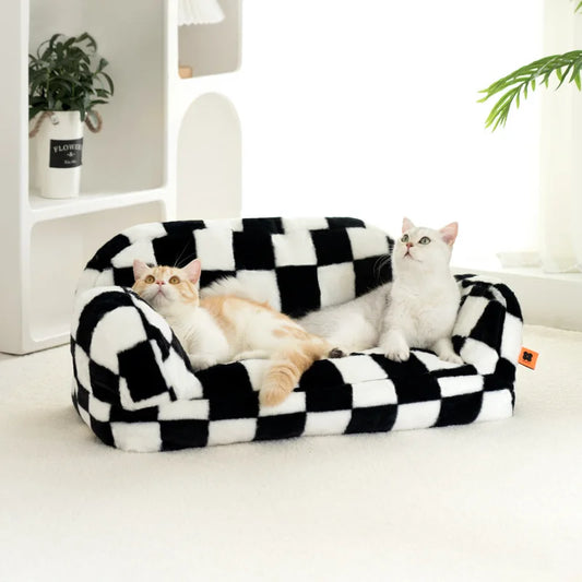 Checkboard Plush Pet Sofa with Pets Resting