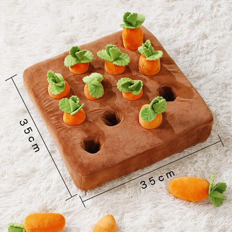 top image of Carrots Puzzle Interactive Dog Toy showing dimensions