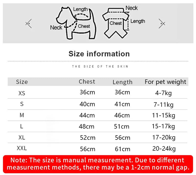 Flexible Hooded Dog Raincoat dimension chart