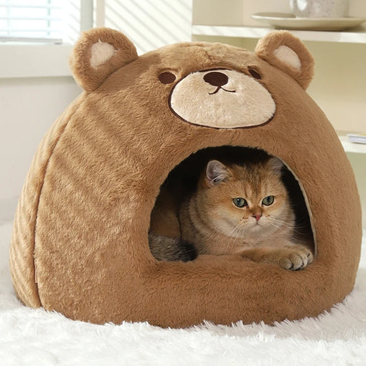 Brown Bear Enclosed Cat House Front Image with Cat Inside