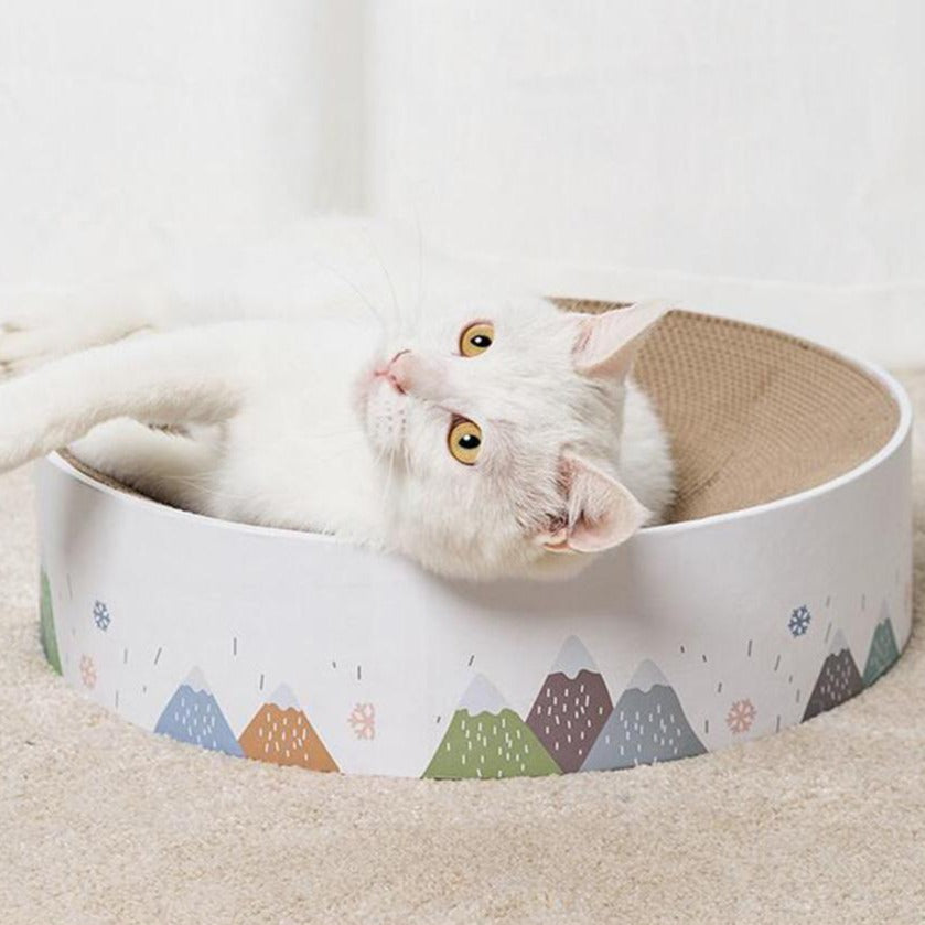 Round Cat Scratching Bed Front Image with Cat Resting