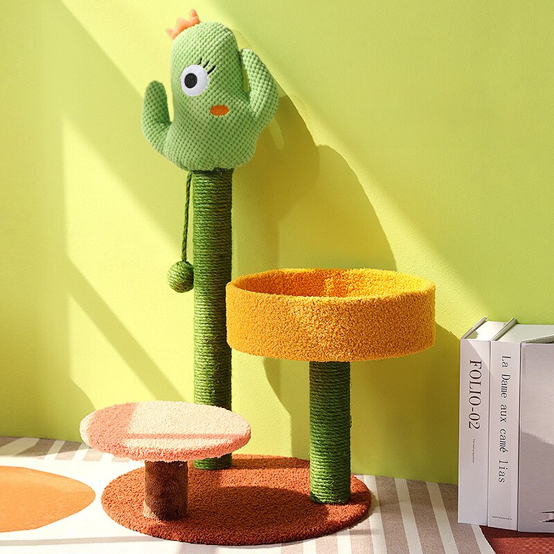 Cactus Cartoon Scratching Cat Tree with Cat Bed Front Image