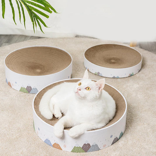 Round Cat Scratching Bed Top Image with Cat Sitting on Top