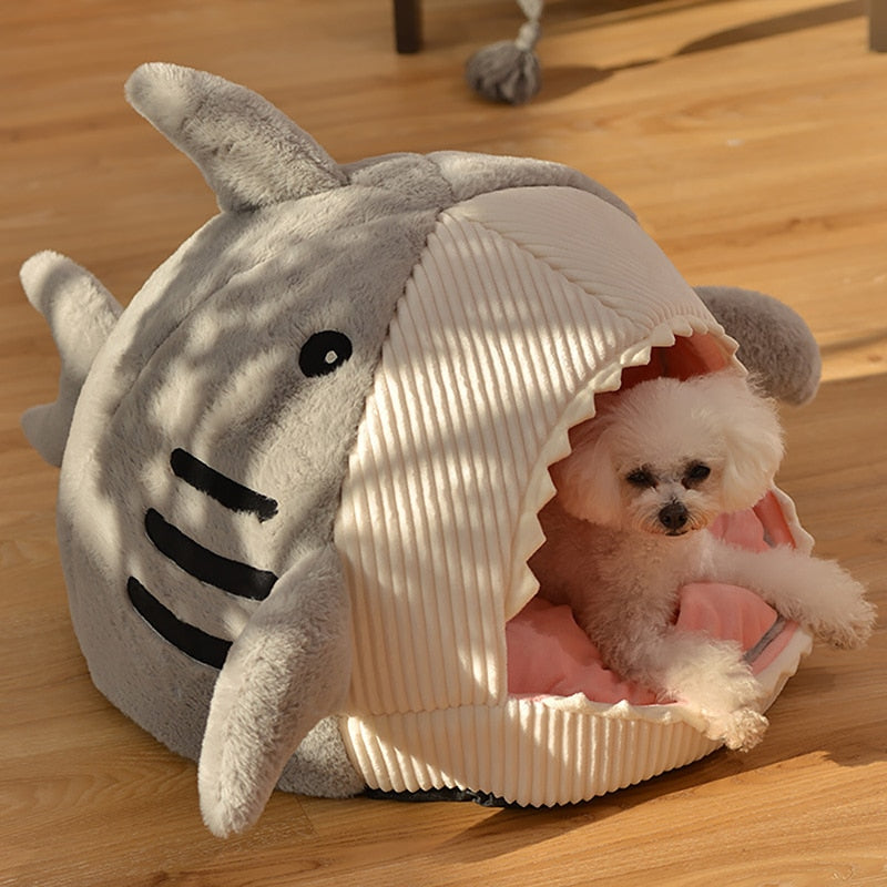 Grey Color The Great Shark Pet House Side Image with Dog Sleeping