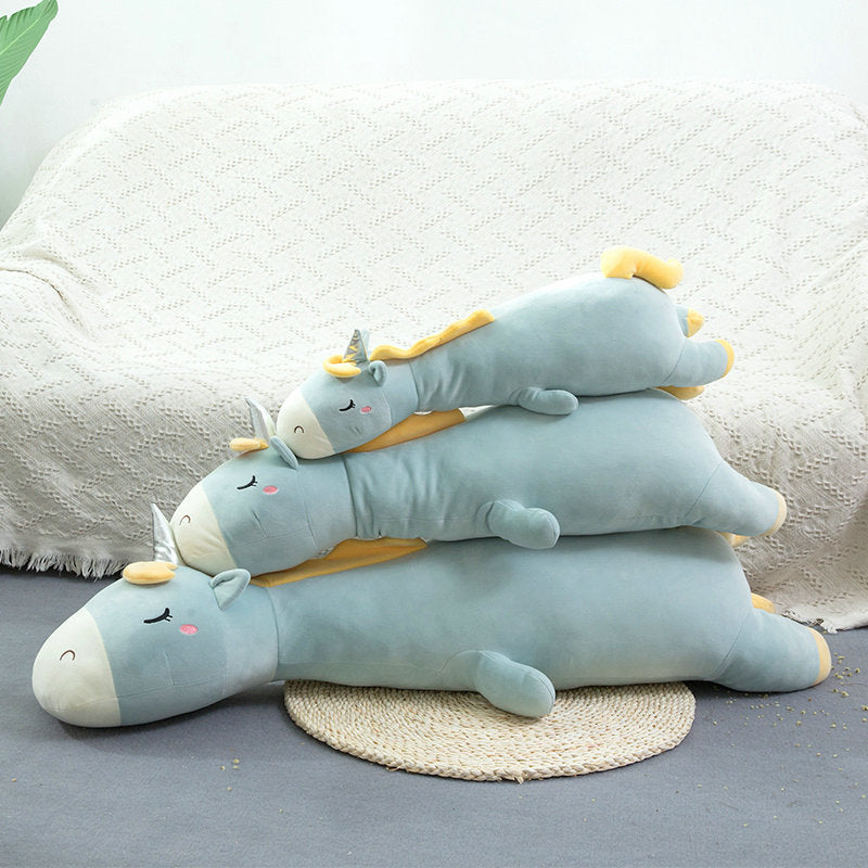 three blue color Giant Soft Unicorn Dog Toys in different sizes side image