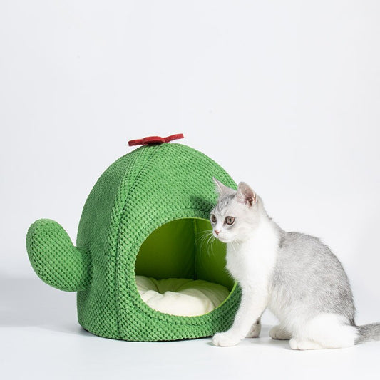 Cactus-Style Enclosed Cat House Front Image with Cat Sitting Outside