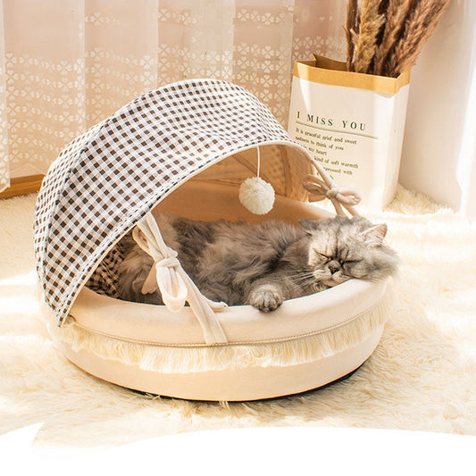Basket Cat Bed with Teasing Ball Front Image with Cat Sleeping