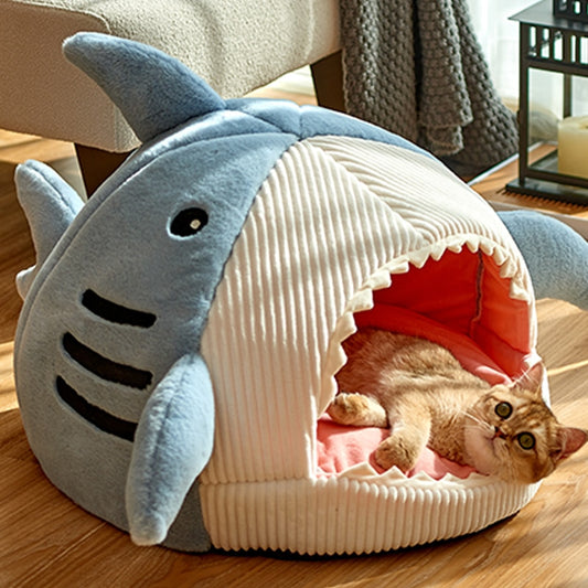 Blue Color The Great Shark Pet House Side Image with Cat Sleeping