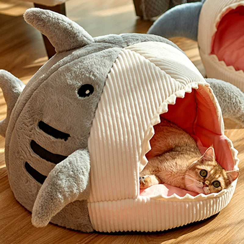 Grey Color The Great Shark Pet House Side Image with Cat Sleeping