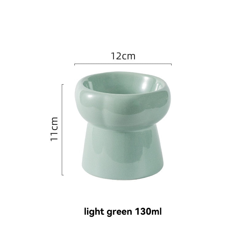 130ml Light Green Ceramic Elevated Pet Bowl Front Image Showing Dimensions