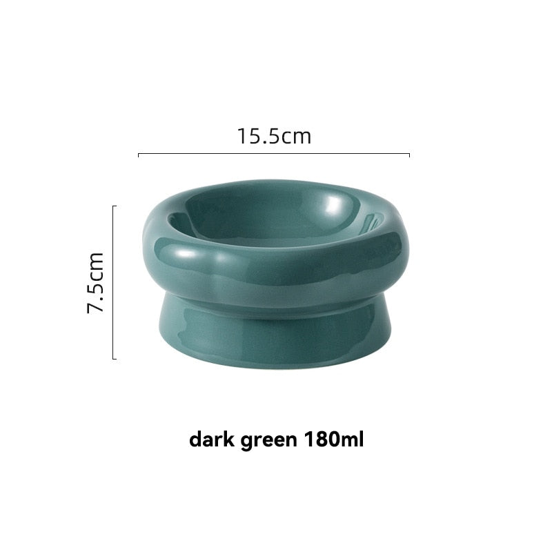 180ml Dark Green Ceramic Elevated Pet Bowl Front Image Showing Dimensions