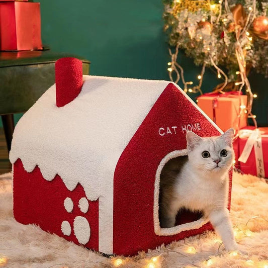 Christmas Winter Pet House Side Image with Cat Leaving the House
