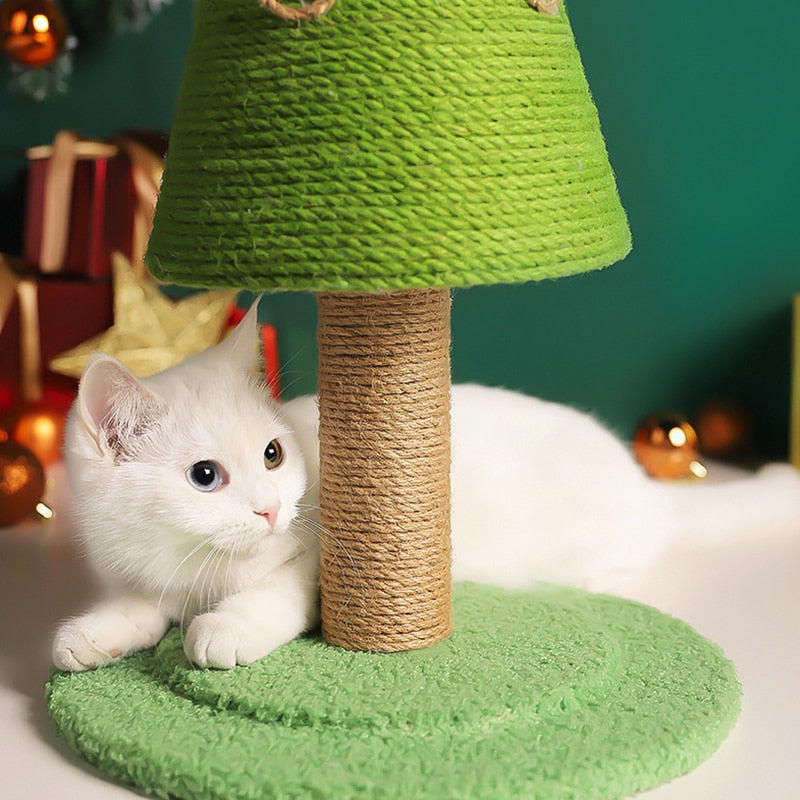 Christmas Tree Cat Scratching Post Close Up Image with Cat Resting at the Base