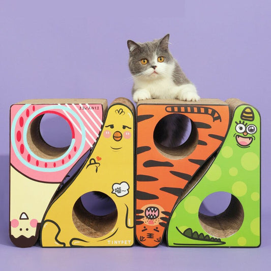 Four Corrugated Cardboard Triangular Cat Scratching Boards Front Image with Cat Standing Behind