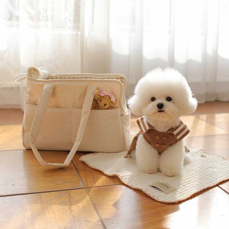 Portable Dog Travel Bag front image with dog sitting beside