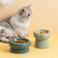 Two Ceramic Elevated Pet Bowls Front Image with Cat Sitting Behind