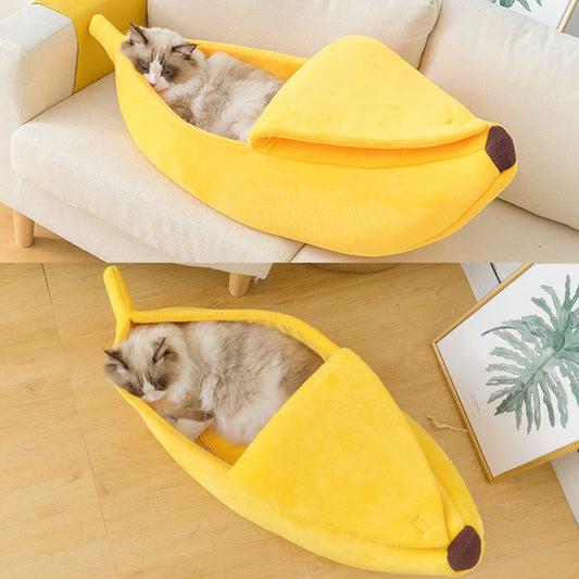 Banana-Style Pet Bed Top Images With Cat Sleeping Inside