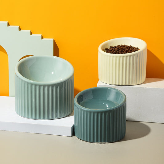 Three Color Ceramic Striped Pet Bowls Front Image
