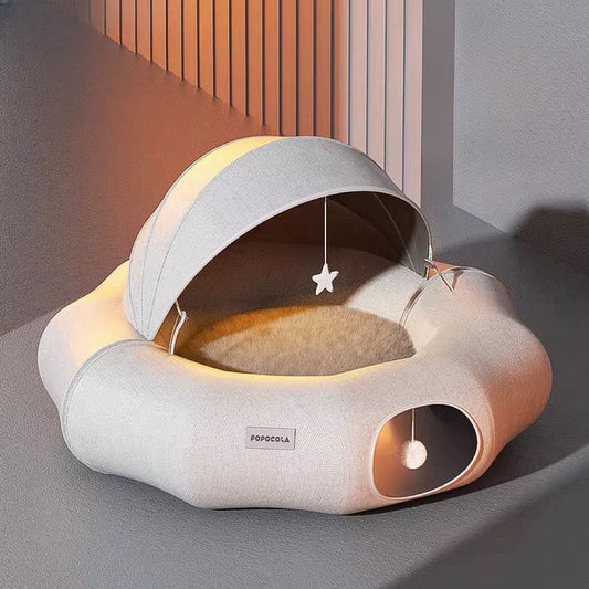 Spaceship Cat Bed with Detachable Cat Tunnel Front Image Under Warm Light