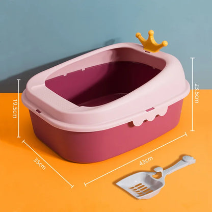 Small Size Pink Color Crown Design Cat Litter Box Side Image Showing Dimensions