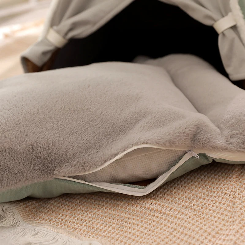 close up image of Winter Warm Cat House with Curtain showing the thickened cushion