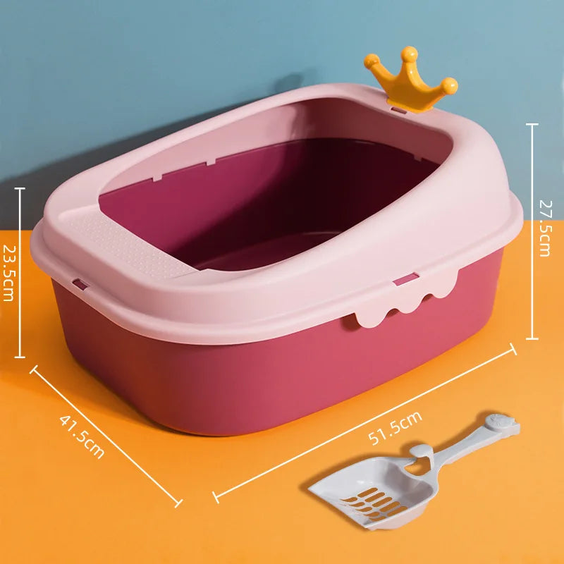 Large Size Pink Color Crown Design Cat Litter Box Side Image Showing Dimensions