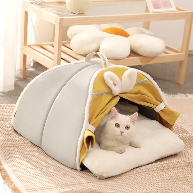 front image of yellow color Winter Warm Cat House with Curtain with cat inside