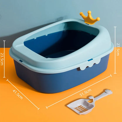 Large Size Blue Color Crown Design Cat Litter Box Side Image Showing Dimensions