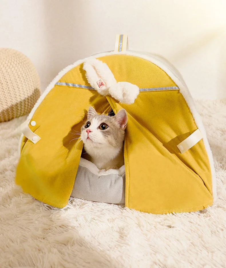 front image of yellow color Winter Warm Cat House with Curtain with cat inside