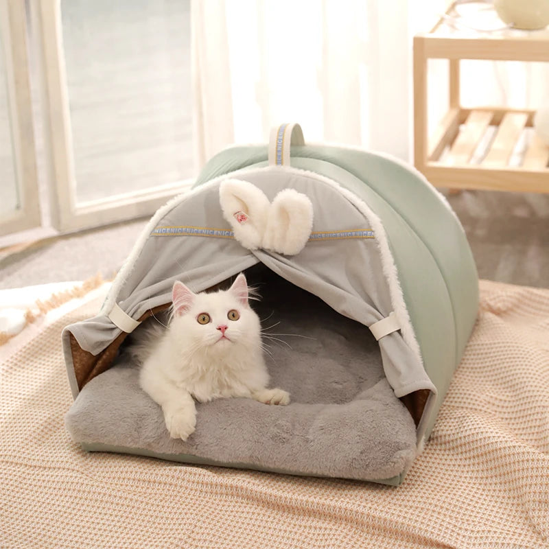 front image of green color Winter Warm Cat House with Curtain with cat inside