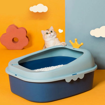 Crown Design Cat Litter Box Side Image with Cat Standing Beside